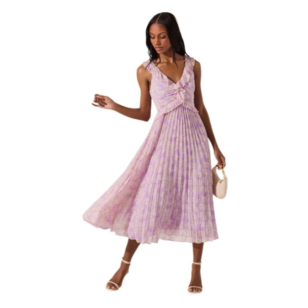 ASTR THE LABEL Floral Ruffle Pleated Midi Dress Lilac Size Small New